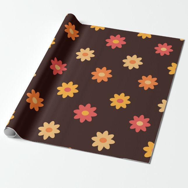Groovy Small Retro 70s Colourful flowers pattern  Wrapping Paper (Unrolled)