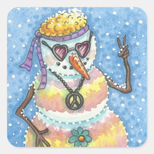 GROOVY SNOWMAN, PEACE SIGN CHRISTMAS STICKERS Squ (Front)