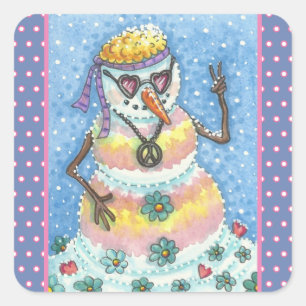 GROOVY SNOWMAN, PEACE SIGN CHRISTMAS STICKERS Squ
