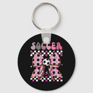 Groovy Soccer Girl Pink Bow Chequered Sports Key Ring