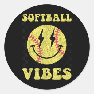 Groovy Softball Vibes Smile Face Girls Women Classic Round Sticker