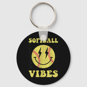 Groovy Softball Vibes Smile Face Girls Women Key Ring