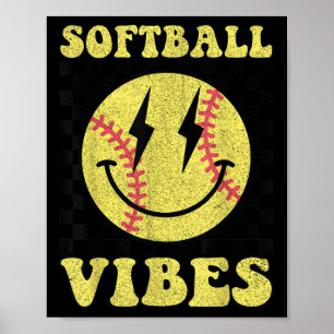 Groovy Softball Vibes Smile Face Girls Women Poster