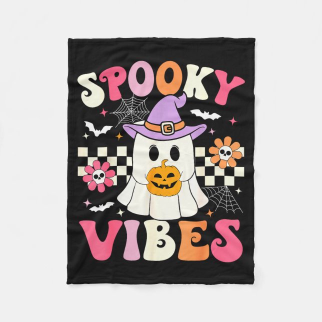 Groovy Soky Vibes Retro Ghost Holding Pumpkin Hall Fleece Blanket (Front)