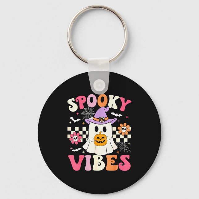 Groovy Soky Vibes Retro Ghost Holding Pumpkin Hall Key Ring (Front)