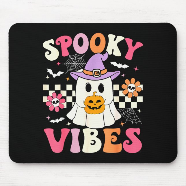 Groovy Soky Vibes Retro Ghost Holding Pumpkin Hall Mouse Pad (Front)