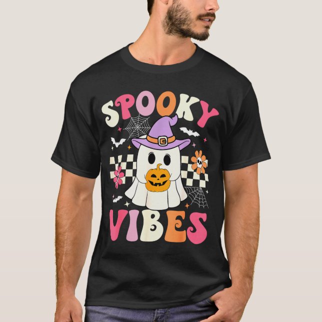 Groovy Soky Vibes Retro Ghost Holding Pumpkin Hall T-Shirt (Front)