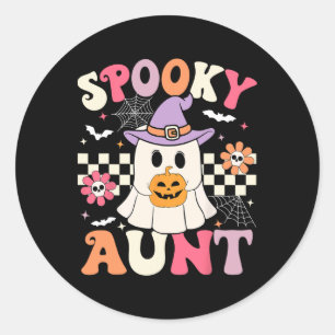 Groovy Spooky Aunt Ghost Holding Pumpkin Halloween Classic Round Sticker