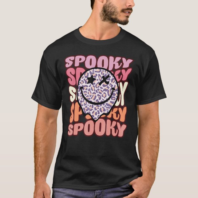 Groovy Spooky Leopard Face Happy Halloween Retro H T-Shirt (Front)