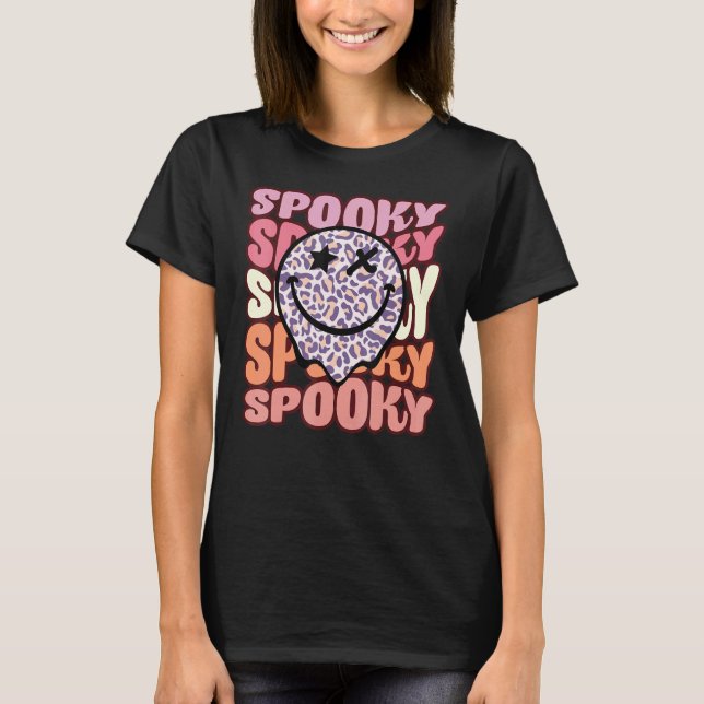 Groovy Spooky Leopard Face Happy Halloween Retro H T-Shirt (Front)