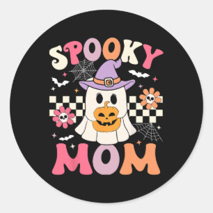 Groovy Spooky Mum Retro Ghost Holding Pumpkin Hall Classic Round Sticker