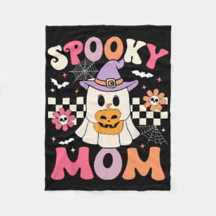 Groovy Spooky Mum Retro Ghost Holding Pumpkin Hall Fleece Blanket
