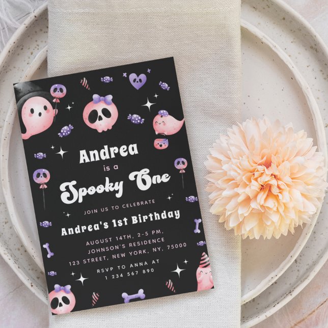 Groovy Spooky One & Pink Ghost Girl 1st Birthday Invitation (Creator Uploaded)
