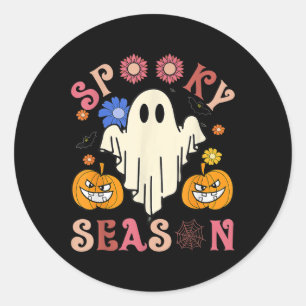 Groovy Spooky Season Cute Ghost Holding Pumpkin Ha Classic Round Sticker