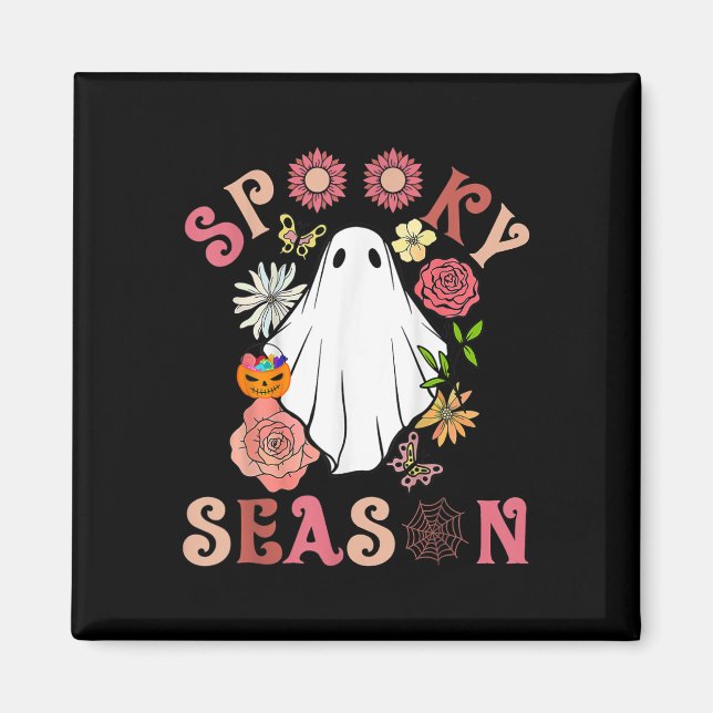 Groovy Spooky Season Cute Ghost Holding Pumpkin Ha Magnet (Front)