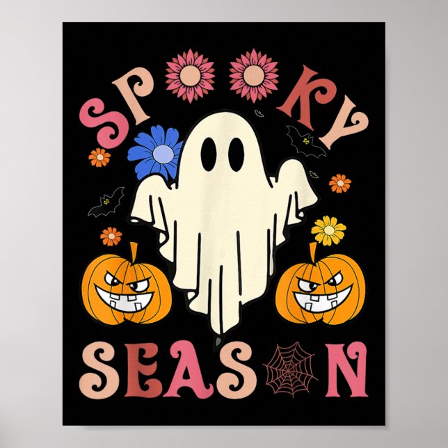 Groovy Spooky Season Cute Ghost Holding Pumpkin Ha Poster (Front)
