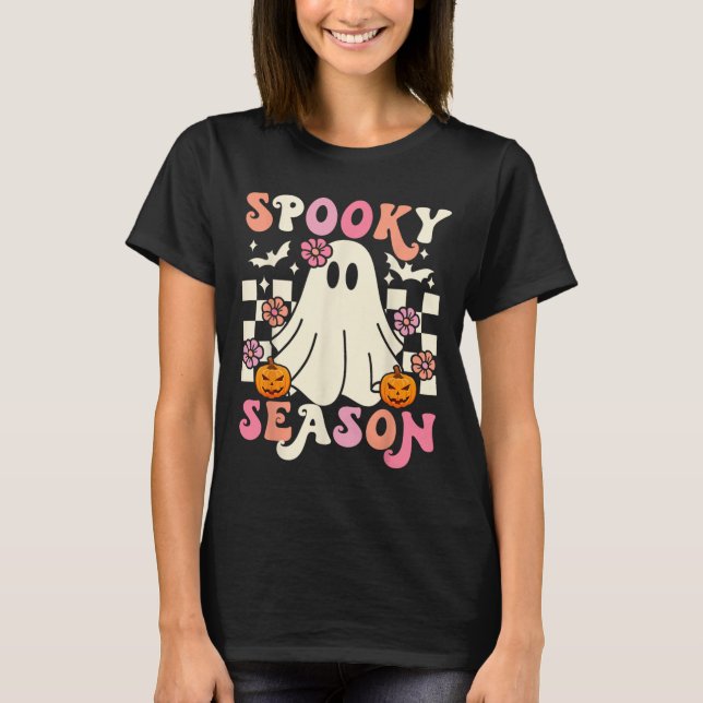 Groovy Spooky Season Cute Ghost Pumpkin Halloween  T-Shirt (Front)