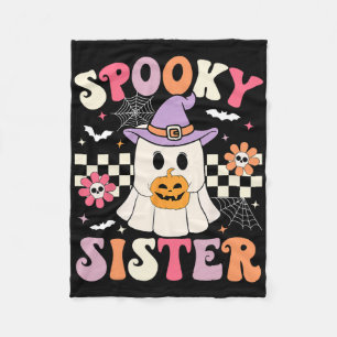 Groovy Spooky Sister Retro Ghost Holding Pumpkin H Fleece Blanket