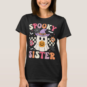Groovy Spooky Sister Retro Ghost Holding Pumpkin H T-Shirt
