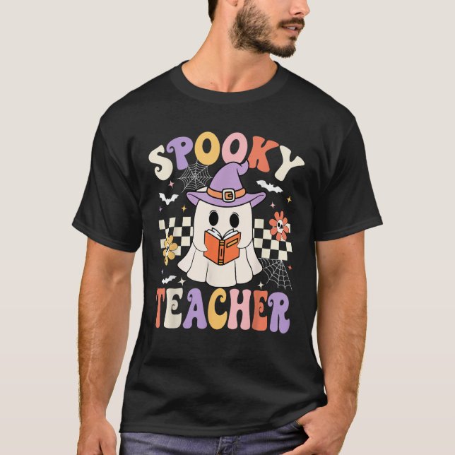 Groovy Spooky Teacher Ghost Retro Floral Teacher H T-Shirt (Front)