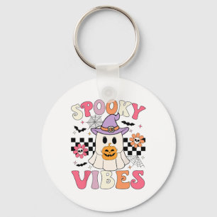 Groovy Spooky Vibes Retro Ghost Holding Pumpkin Ha Key Ring