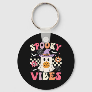 Groovy Spooky Vibes Retro Ghost Holding Pumpkin Ha Key Ring