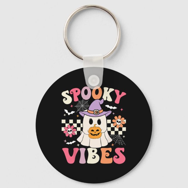 Groovy Spooky Vibes Retro Ghost Holding Pumpkin Ha Key Ring (Front)