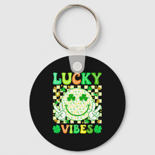 Groovy St Patricks Day Lucky Vibes Shamrock Women Key Ring