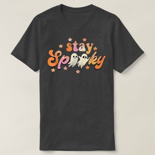 Groovy Stay Spooky Vibes Retro Floral Ghost Hippie T-Shirt (Design Front)