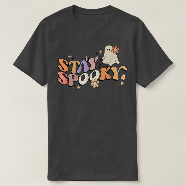 Groovy Stay Spooky Vibes Retro Floral Ghost Hippie T-Shirt (Design Front)