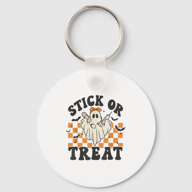 Groovy Stick Or Treat Funny Ghost Nurse Doctor Hal Key Ring (Front)