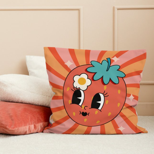 Groovy Strawberry Fruit Character Hippie 60s Retro Cushion (Groovy Strawberry Fruit Character Hippie 60s Retro Throw Pillow college dorm room decor decoration)