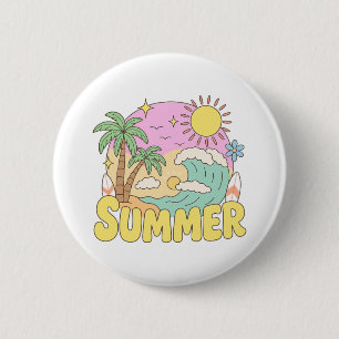 Groovy Summer Beach Scene Retro Palm Tree Vacation 6 Cm Round Badge