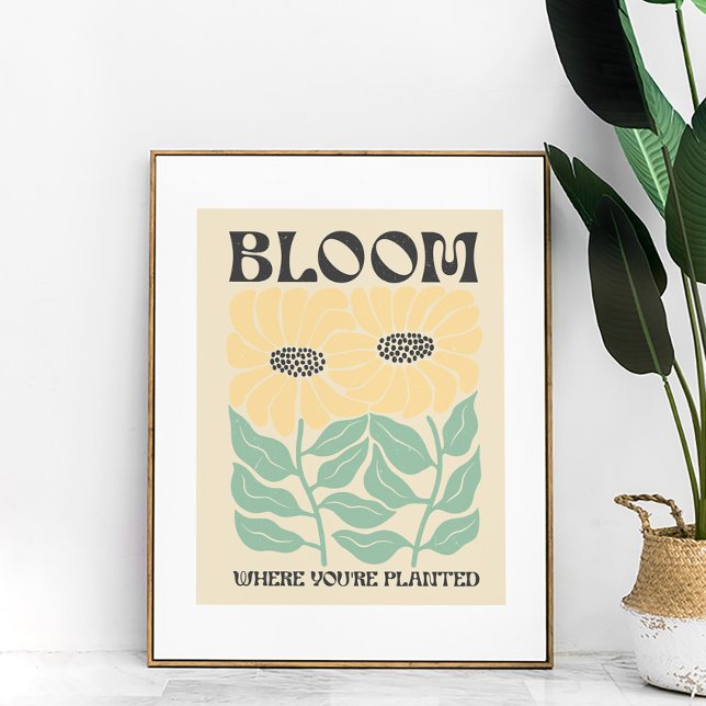 Groovy Sunflowers "Bloom where You're Planted" Poster (Groovy Sunflowers "Bloom where You're Planted" Poster in a golden frame.)