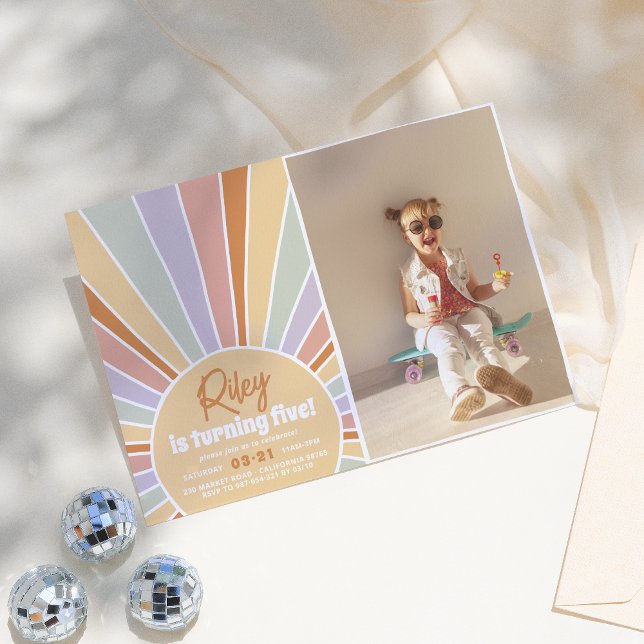 Groovy Sunshine Boho Daisy Rainbow Photo Birthday Invitation (Creator Uploaded)