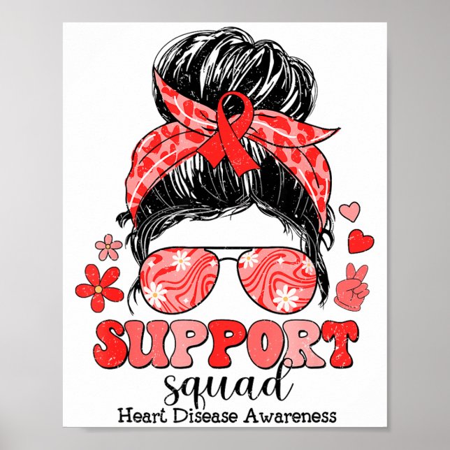 Groovy Support Squad Messy Bun Heart Disease Aware Poster (Front)