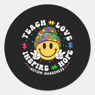 Groovy Teach Hope Love Inspire Teacher Autism Awar Classic Round Sticker