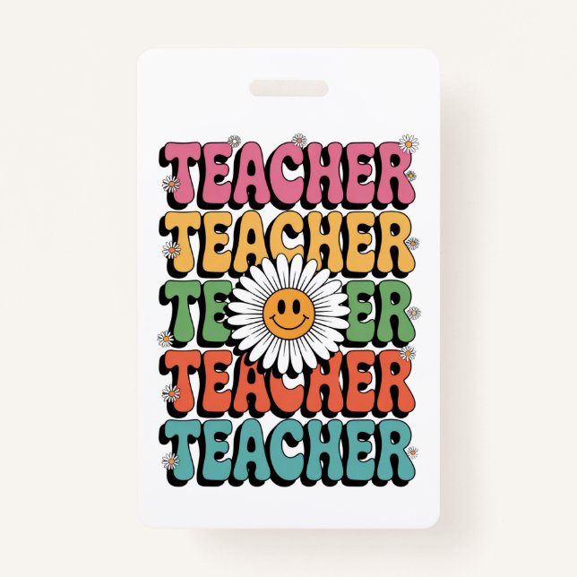 Groovy Teacher Cute Daisy Flower Retro Back School ID Badge (Front)