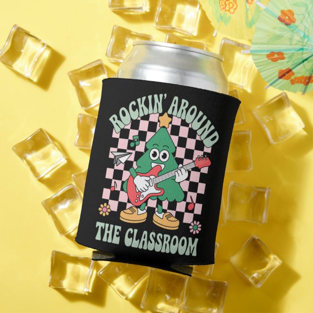 Groovy Teacher Xmas Rockin' Around The Classroom Can Cooler (In Situ Summer)