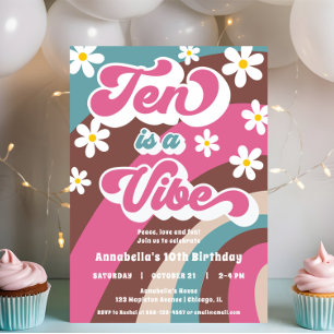Groovy Ten is a Vibe pink teal girl 10th birthday Invitation