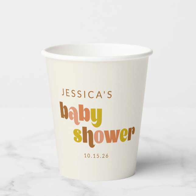 Groovy Terracotta Peach Retro Custom Baby Shower Paper Cups (Front)