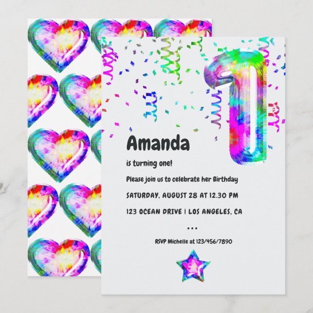 Groovy Tie Dye Balloon 1st Birthday Party Invitation (Front/Back)