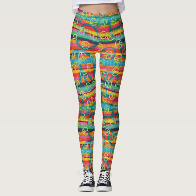 Groovy Tie Dye Peace Signs Leggings (Front)
