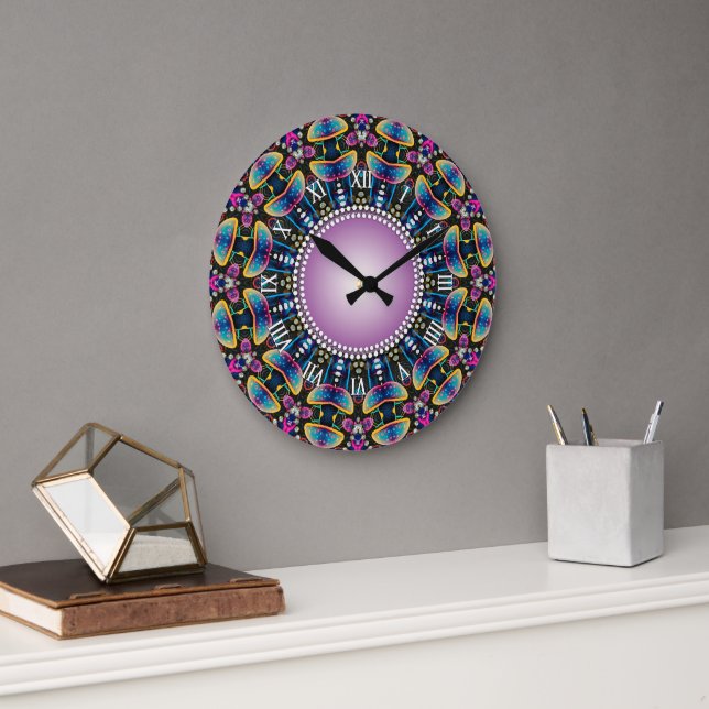 Groovy Time Mushrooms Neon Mandala Large Clock (Office)
