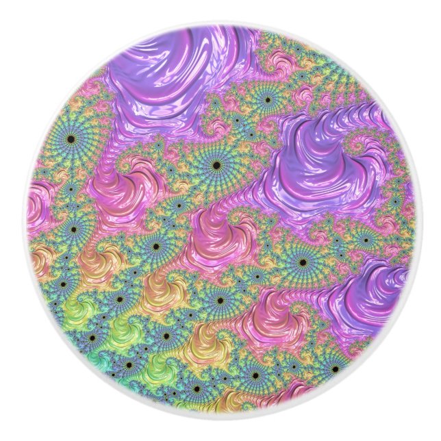 Groovy Trippy Boho Jewel Tone Rainbow Fractal Ceramic Knob (Front)