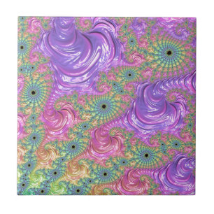 Groovy Trippy Boho Jewel Tone Rainbow Fractal Ceramic Tile