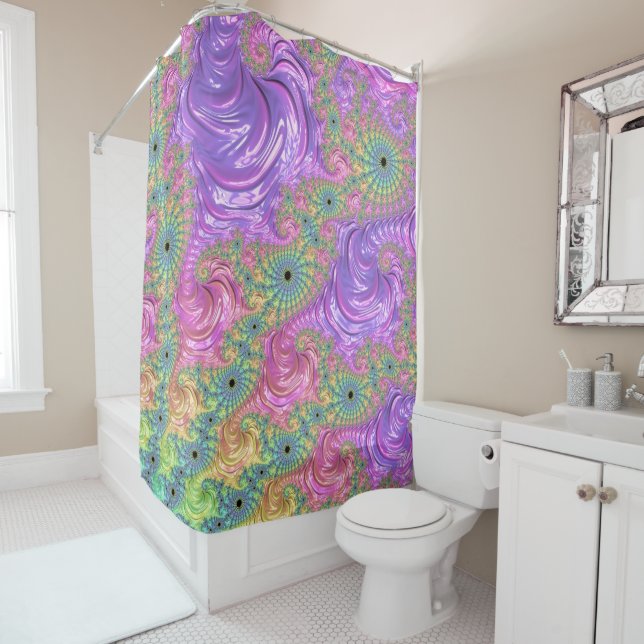 Groovy Trippy Boho Jewel Tone Rainbow Fractal Shower Curtain (In Situ)