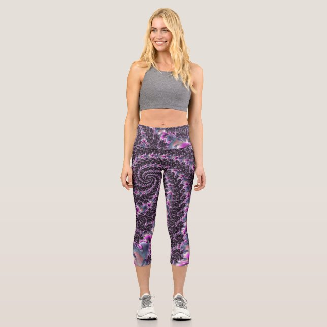 Groovy Trippy Funky Psychedelic Spiral Fractal Art Capri Leggings (Front)