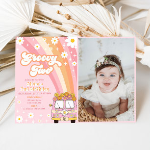 Groovy Two Retro Rainbow 2nd Birthday Photo Invitation