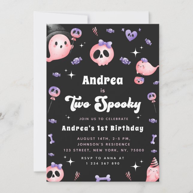Groovy Two Spooky & Pink Ghost Girl 2nd Birthday Invitation (Front)